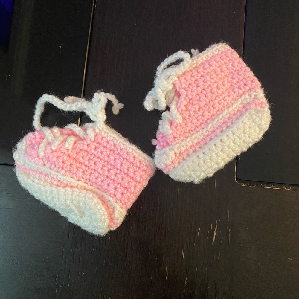 Crochet Baby Bootie Sneakers Pink and White Hand Knit Baby Girl Baby Shower Gift